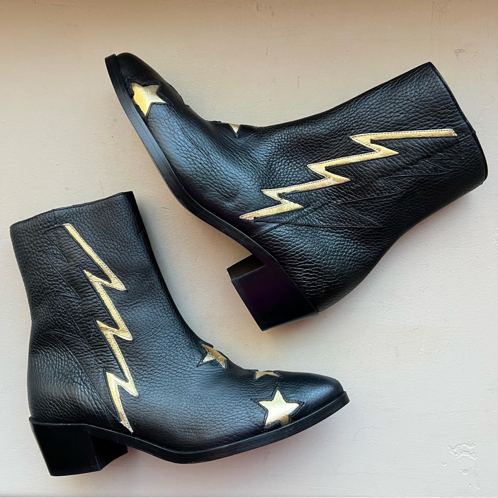 MODERN VICE Golden Bolt Black & Metallic Gold Leather Ankle Boots Size EU 35/US5